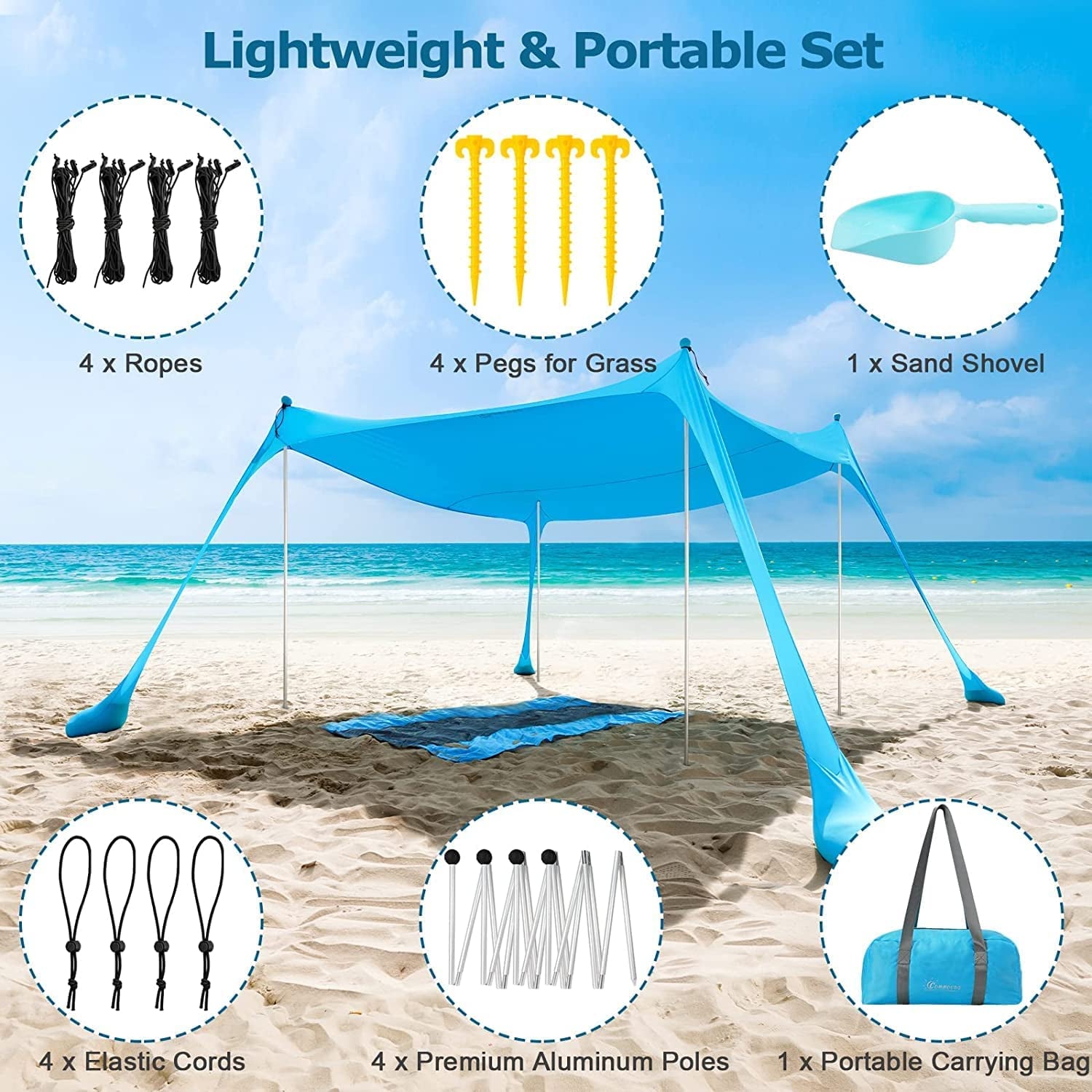 Beach Tent, Camping Sun Shelter with UPF50+ Protection, Sand Shovels, Ground Pegs and 4 Stability Poles, Outdoor Pop up Beach Shade Canopy for Fishing, Backyard or Picnics